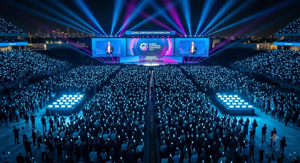 Corporate event with synchronized blue phone lights