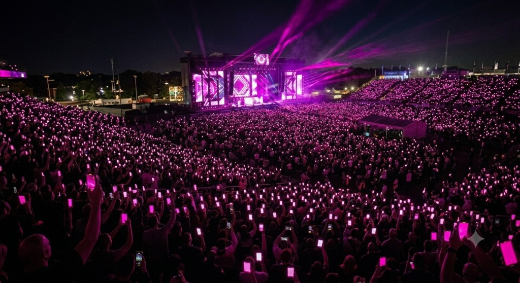 Concert crowd with synchronized pink phone lights