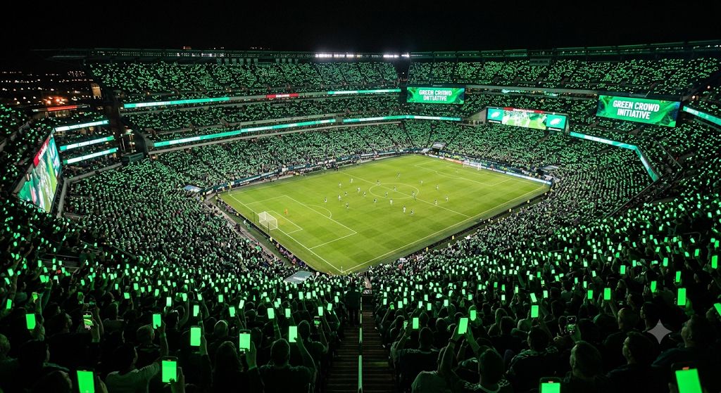 Stadium crowd with synchronized green phone lights